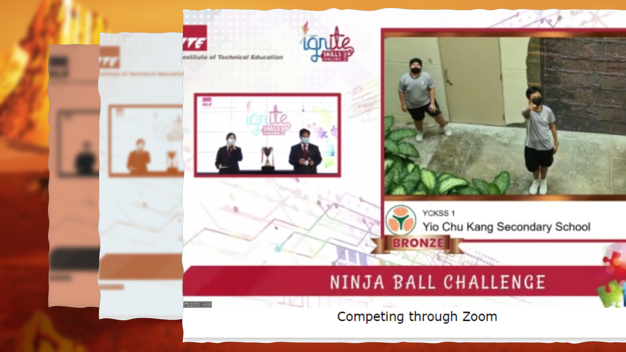 Virtual award presentation slide showing Yio Chu Kang Secondary School winning a Bronze Award in the ITE Ignite Skills Challenge.